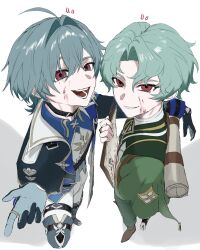  2boys aged_down ahoge akademiya_uniform aqua_hair arm_around_shoulder baby_25252 backpack bag belt black_belt black_choker black_gloves blood blood_on_face blue_boots blue_gloves blue_hair blue_jacket blue_shirt boots brown_shoes choker clipboard collared_shirt dottore_(genshin_impact) empty_eyes fingerless_gloves from_side full_body genshin_impact gloves gold_ring gold_trim green_jacket green_pants hair_between_eyes hand_up highres holding holding_clipboard jacket lapels lohen_(genshin_impact) looking_at_viewer looking_up male_focus mole mole_under_eye multiple_boys notice_lines open_clothes open_jacket open_mouth pants paper red_eyes scroll shadow shirt shoes short_hair simple_background smile standing teeth thigh_strap tongue two-sided_fabric two-sided_gloves two-sided_jacket vest violet_eyes white_background white_jacket white_pants white_vest 