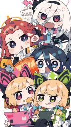  5girls angry aris_(blue_archive) black_hair blonde_hair blue_archive blue_bow blue_eyes blue_halo blue_necktie bow byako_(srktn) collared_shirt commentary_request computer controller game_controller game_development_department_(blue_archive) green_eyes green_halo hair_bow hairband halo highres jacket kei_(blue_archive) kei_(new_body)_(blue_archive) laptop midori_(blue_archive) momoi_(blue_archive) multiple_girls necktie open_mouth paper partial_commentary pink_bow pink_eyes pink_halo shirt smile stylus tongue tongue_out white_background white_shirt yellow_halo yuzu_(blue_archive) 