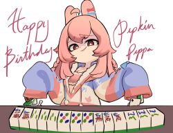  absurdres animal_ears bow bra card centurii-chan cheating_(competitive) chess_piece commentary english_commentary english_text hair_bow happy_birthday highres hood hoodie looking_at_viewer mahjong mahjong_tile phase_connect pipkin_pippa playing_card rabbit_ears red_eyes sleeves_past_wrists smile smug underwear white_background 