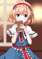 1girl alice_margatroid blonde_hair blue_dress blue_eyes blurry blush book capelet commentary_request depth_of_field dress frilled_hairband frilled_sash frills hairband highres holding holding_book indoors looking_at_viewer medium_hair red_hairband ruu_(tksymkw) sash solo touhou waist_sash white_capelet window 