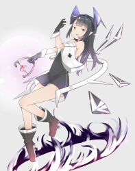  1girl :d black_boots black_dress black_gloves black_hair blunt_bangs blush boots commentary_request covered_navel dress fire from_side full_body gloves gradient_background gradient_hair grey_background hair_flaps headgear highres long_hair looking_at_viewer multicolored_hair open_mouth original pa._(tatuya28001) purple_background purple_fire purple_hair red_eyes sidelocks sleeveless sleeveless_dress smile solo strapless strapless_dress thighs 