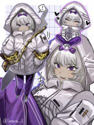  ! +++ 1girl :d bow closed_eyes commentary grey_hair grid_background heart highres hood hood_up hoodie kira_(project_moon) latorta_il limbus_company looking_at_viewer open_mouth pants project_moon purple_bow purple_pants sharp_teeth shoes simple_background smile spoken_exclamation_mark sword sword_on_back teeth twitter_username untranslatable_commentary violet_eyes weapon weapon_on_back white_hoodie white_shoes 
