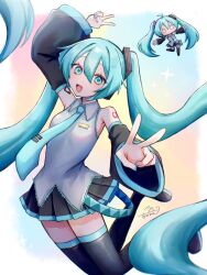  1girl aqua_eyes aqua_hair aqua_nails aqua_necktie black_skirt black_sleeves detached_sleeves grey_shirt hashtag-only_commentary hatsune_miku headphones headset highres long_hair moku_karen necktie number_tattoo shirt skirt sleeveless sleeveless_shirt tattoo twintails very_long_hair vocaloid 