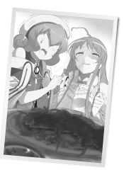  029 0_0 2girls ahoge armor braid breasts censored cloak collared_dress dress emerada_etuva failure food fork greyscale hair_between_eyes half-closed_eyes hat hataraku_maou-sama! highres holding holding_fork holding_knife knife long_hair long_sidelocks long_sleeves monochrome mosaic_censoring multiple_girls open_mouth plate ribbon shaded_face sidelocks sleeveless sleeveless_dress smile standing tearing_up trembling upper_body wavy_hair yusa_emi 