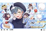  5boys black_sweater blonde_hair blue_hair brown_hair cake chibi earrings emoji eyewear_on_head food fork fruit glasses gloves green_eyes grey_jacket highres holding holding_fork horns ike_eveland jacket jewelry long_hair luxiem male_focus multicolored_hair multiple_boys nightcat nijisanji nijisanji_en open_mouth pink_hair short_hair smile strawberry sweater virtual_youtuber 