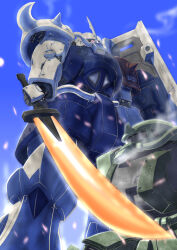  after_battle aoi_onion blue_sky cable captured color_variation commentary_request damaged earth_federation glowing_hot gouf gundam gundam_0083 highres mecha mecha_focus mobile_suit mobile_suit_gundam no_humans one-eyed original radio_antenna redesign robot roundel scene_reference science_fiction shield shoulder_spikes sky spikes sword victory weapon zaku_ii zeon 