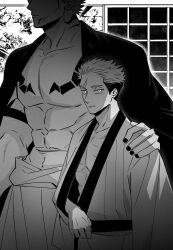  2boys abs arm_out_of_sleeve arm_tattoo chest_tattoo closed_mouth collarbone commentary_request dori_suki_na eyes_out_of_frame facial_tattoo fingernails greyscale hand_on_another's_shoulder head_out_of_frame height_difference highres indoors itadori_yuuji japanese_clothes jujutsu_kaisen looking_at_viewer male_focus monochrome multiple_boys multiple_scars muscular muscular_male pectorals ryoumen_sukuna_(jujutsu_kaisen) scar scar_on_face scar_on_forehead scar_on_mouth serious short_hair size_difference tattoo undercut 