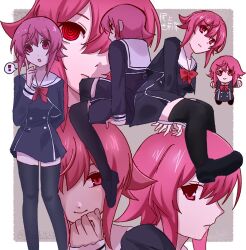  ! 1girl :o black_dress black_thighhighs blush chaos;child commentary_request dress efunohitof4 hekiho_academy_school_uniform long_sleeves multiple_views onoe_serika pink_eyes pink_hair red_eyes ringed_eyes school_uniform science_adventure short_dress short_hair smile tagme thigh-highs zettai_ryouiki 