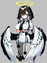  1girl :< absurdres black_necktie blank_eyes blush breasts center-flap_bangs collared_shirt colored_inner_hair crossed_arms double-parted_bangs floating full_body gloves grey_eyes grey_pantyhose hair_ornament hairclip halo hashtag-only_commentary highres ivory_hand jacket large_breasts looking_at_viewer low_wings medium_hair multicolored_hair necktie no_pupils open_clothes open_jacket original pantyhose patterned_legwear pencil_skirt serious shirt skirt tsurime white_gloves white_hair white_jacket white_shirt white_skirt white_wings wings yellow_halo 