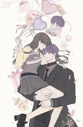  1boy 1girl arm_around_shoulder balloon black_hair black_jacket black_necktie black_shoes cake carrying carrying_person character_doll closed_eyes closed_mouth collared_shirt commentary_request crown cupcake doll fingernails flower food grey_shirt grey_skirt gygfaw14aw heart_balloon hetero highres holding holding_balloon jacket kneehighs lanyard lapels long_hair long_sleeves looking_at_another love_and_deepspace necktie official_alternate_costume pink_ribbon pleated_skirt protagonist_(love_and_deepspace) purple_hair rafayel_(love_and_deepspace) ribbon sash shirt shoes short_hair skirt smile socks stuffed_animal stuffed_toy sweater_vest twitter_username v-neck violet_eyes watermark yellow_shirt 