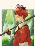  1boy animal_on_head bandaged_arm bandages bird black_gloves black_hair closed_mouth coat commentary_request comori56 fingerless_gloves forest from_side gloves holding holding_weapon leaf looking_up male_focus multicolored_hair nature on_head outdoors profile red_coat redhead short_hair solo sousou_no_frieren standing stark_(sousou_no_frieren) tree twitter_username two-tone_hair upper_body weapon 