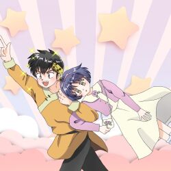  1boy 1girl :d :o black_hair blue_hair braid brown_eyes commentary_request cowboy_shot dragging dress fang hairband hibiki_ryouga highres pink_hairband purple_background ranma_1/2 short_hair smile star_(symbol) takotakoagare85 tendou_akane v-shaped_eyebrows white_dress 