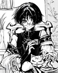  1boy alternate_costume bespectacled bird birdcage blunt_ends bridal_gauntlets cage cat chair chinese_clothes choppy_bangs commentary fingernails frana20103 genshin_impact glasses holding holding_mahjong_tile indoors knee_up long_sleeves looking_at_viewer mahjong_tile male_focus mandarin_collar middle_ring off_shoulder open_hand petting plant potted_plant robe scaramouche_(genshin_impact) shirt sitting sketch smile solo straight-on tsurime untranslatable_commentary upper_body vase wanderer_(genshin_impact) wanderer_(parallels_meet)_(genshin_impact) 