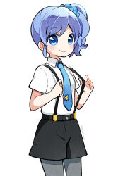  1girl aikatsu! aikatsu!_(series) black_pantyhose black_shorts blue_eyes blue_hair blue_necktie collared_shirt cowboy_shot holding_strap kiriya_aoi long_hair looking_at_viewer necktie pantyhose riku_kanna shirt short_sleeves shorts side_ponytail simple_background smile solo standing suspender_shorts suspenders white_shirt 