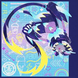  1other animal_ears black_fur blue_background blue_border blue_claws blue_eyes blue_fur body_fur border claws commentary_request fangs fukkatsu_no_maya full_body furry highres horns mega_pokemon mega_zeraora multicolored_fur open_mouth other_focus pokemon pokemon_(creature) pokemon_focus simple_background single_horn solo two-tone_fur upside-down whiskers yellow_trim zeraora 