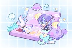  +++ 1boy animalization black_pants blue_background blue_coat blue_hair bubble chibi coat colored_tips commentary coral cosmetics full_body green_hair grid_background highres holding holding_brush holding_makeup_brush hoshirube_sho jellyfish long_hair looking_down lying makeup_brush makeup_palette male_focus multicolored_hair nijisanji octopus on_back otomo_(hoshirube_sho) pants purple_hair seaweed shuxingbuming_moxiaobai solo tailcoat tropical_fish white_background 