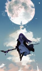  1girl absurdres black_robe blue_sky blunt_bangs broom broom_riding closed_mouth clouds commentary doremy dress fern_(sousou_no_frieren) flying full_moon gradient_sky highres long_hair looking_afar mage_staff moon moon_in_daylight purple_hair robe sky solo sousou_no_frieren staff straight_hair violet_eyes white_dress 