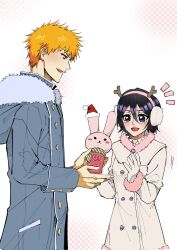  1boy 1girl black_eyes black_hair bleach blue_coat chappy coat commentary corrupted_twitter_file earmuffs english_commentary fake_antlers fur-trimmed_hood fur_trim gloves hat height_difference highres holding hood hood_down kuchiki_rukia kurosaki_ichigo orange_eyes orange_hair santa_hat short_hair silegesi white_gloves winter_clothes winter_coat 