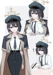  black_hair blue_archive coat commentary_request halo hat highres hiromi_(blue_archive) hukuro_kasiwa multiple_expressions necktie overcoat peaked_cap pen short_hair white_hair yellow_halo 