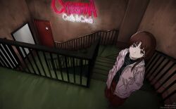  1girl brown_eyes brown_hair clopen28 commentary_request expressionless hair_ornament hands_in_pockets highres iwakura_lain jacket neon_sign open_clothes open_jacket serial_experiments_lain skirt solo stairs x_hair_ornament 