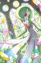  1girl absurdres adversarial_noise artist_name backlighting bob_cut colored_skin commentary_request flat_chest gardevoir green_hair green_skin hair_between_eyes happy highres indoors kagure_(karaguren) looking_at_viewer multicolored_skin open_mouth partial_commentary petals pokemon pokemon_(creature) red_eyes see-through_silhouette short_hair smile solo stained_glass standing two-tone_skin watermark white_skin window 