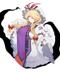  1girl blonde_hair bow closed_mouth commentary dress gap_(touhou) gloves hair_bow hair_over_one_eye hands_up hat hat_ribbon highres long_hair long_sleeves looking_at_viewer mob_cap nyong_nyong purple_tabard red_bow red_ribbon ribbon simple_background smile solo tabard touhou untranslatable_commentary upper_body white_background white_dress white_gloves white_hat wide_sleeves yakumo_yukari yellow_eyes 