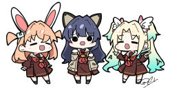  3girls :d =_= absurdres animal_ears aqua_hair black_socks blonde_hair blue_hair brown_cardigan brown_dress cardigan cat_ears chibi chibi_only closed_eyes commentary dress flapping full_body gradient_hair hair_ornament hashtag-only_commentary hasu_no_sanrenka hasu_no_sora_school_uniform head_wings highres hinoshita_kaho link!_like!_love_live! long_hair long_sleeves love_live! medium_dress medium_hair multicolored_hair multiple_girls murano_sayaka neckerchief oofushi_ao open_cardigan open_clothes open_mouth orange_hair osawa_rurino paw_pose pleated_dress rabbit_ears rabbit_hair_ornament red_neckerchief red_shoes sailor_collar sailor_dress school_uniform shoes signature simple_background smile socks twintails two_side_up untranslatable_commentary uwabaki virtual_youtuber white_background white_sailor_collar white_socks wings winter_uniform 