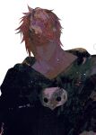  1boy black_robe collarbone erichthonios expressionless final_fantasy final_fantasy_xiv hood hood_down hooded_robe looking_down male_focus mask mask_around_neck orange_hair portrait red_eyes redhead robe simple_background skraksff solo unworn_mask white_background 