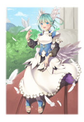  1girl angel angel_wings anklet aqua_hair bird bird_on_hand blue_eyes blue_thighhighs border braid braided_hair_rings commentary_request feathered_wings feathers hair_rings head_wings highres jewelry long_skirt low_wings open_mouth outside_border ruriel sandals shinrabanshou shirt short_hair sitting skirt solo stirrup_legwear tatsuyoshi thigh-highs toeless_legwear white_bird white_border white_feathers white_skirt white_wings wings 