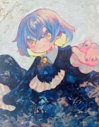  1girl angela_(project_moon) ascot black_coat blue_hair blue_nails closed_mouth coat collared_shirt frilled_sleeves frills hand_up highres impasto library_of_ruina long_sleeves mochigome_138 painting_(medium) project_moon shirt short_hair simple_background smile solo sparkling_eyes traditional_media watercolor_(medium) white_ascot white_background white_shirt yellow_eyes 