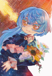  1girl angela_(project_moon) ascot black_coat blue_hair bookshelf bouquet closed_mouth coat collared_shirt flower frilled_sleeves frills highres holding holding_bouquet library library_of_ruina long_hair long_sleeves mochigome_138 painting_(medium) project_moon shirt short_hair smile solo sparkling_eyes traditional_media watercolor_(medium) white_ascot white_flower white_shirt yellow_eyes yellow_flower 