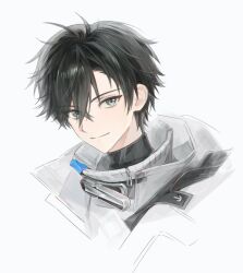  1boy arknights arknights:_endfield black_hair black_shirt closed_mouth endministrator_(arknights) hashtag-only_commentary jacket looking_to_the_side male_endministrator_(arknights) male_focus otiyo parted_bangs portrait shirt short_hair sideways_glance simple_background smile solo unfinished white_background white_shirt zipper_pull_tab 
