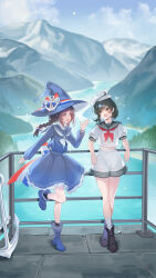  2girls absurdres ailu_elf anchor_hat_ornament anchor_symbol back_bow black_socks blue_boots blue_bow blue_hat blue_shirt blue_skirt blue_sky boots bow braid chinese_commentary clouds commentary_request crossover day english_commentary frilled_skirt frills funamusea green_eyes green_sailor_collar hat hat_bow hat_ornament highres lens_flare mixed-language_commentary mountainous_horizon multiple_girls murasa_minamitsu navel neckerchief oounabara_to_wadanohara open_mouth red_neckerchief river sailor sailor_collar sailor_hat shirt short_sleeves shorts skirt sky smile socks touhou twin_braids wadanohara white_shorts witch_hat yellow_neckerchief 