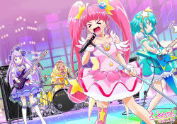  >_< 4girls ahoge amamiya_elena ampeg amplifier band_(music) bare_shoulders bass_guitar boots cable choker commentary cure_milky cure_selene cure_soleil cure_star drum drum_set earrings electric_guitar guitar hagoromo_lala hair_ornament highres hoshina_hikaru instrument jewelry kaguya_madoka long_hair magical_girl microphone microphone_stand multiple_girls music pantyhose pink_hair pointy_ears precure revision satou_yasu see-through_clothes shooting_star_hair_ornament short_hair singing single_leg_pantyhose single_thighhigh stage star_(symbol) star_earrings star_hair_ornament star_twinkle_precure thigh-highs twintails 