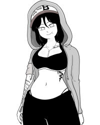  1girl arm_tattoo baseball_cap black_hair black_tank_top closed_mouth cowboy_shot grey_hoodie hat highres hood hoodie jewelry kkamziru kwon_do_kyung medium_hair mole mole_under_mouth necklace smile spicy_couple tank_top tattoo webtoon 