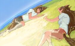  2girls absurdres animal_ears bandaid bandaid_on_knee bandaid_on_leg bare_arms beast_cler5771 black_shorts blue_sky brown_hair closed_mouth commentary day ear_covers expressionless feet_out_of_frame frown full_body grey_socks hair_spread_out hand_on_own_head highres horse_ears horse_girl horse_tail kneehighs long_hair lying midriff multicolored_hair multiple_girls on_ground on_side orange_eyes outdoors railing red_eyes red_shorts shirt shoes short_shorts short_sleeves shorts single_ear_cover sirius_symboli_(umamusume) sky sneakers socks sportswear streaked_hair symboli_rudolf_(umamusume) t-shirt tail tracen_training_uniform umamusume white_shirt white_shoes white_socks 