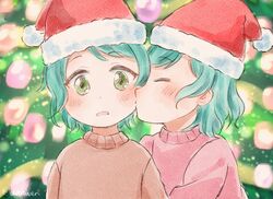  aged_down aqua_hair bang_dream! blush brown_sweater christmas christmas_ornaments christmas_tree closed_eyes green_eyes hat highres hikawa_hina hikawa_sayo incest kiss kissing_cheek looking_at_viewer pink_sweater santa_hat siblings signature sweater twincest twins xin_(blueramen) yuri 