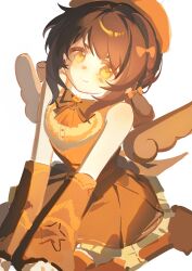  1girl absurdres angel_wings arm_warmers ascot back_bow bare_shoulders beads beret black_bow black_bowtie black_skirt blouse boots bow bowtie brown_arm_warmers brown_boots brown_bow brown_hair brown_wings buttons cartoon_wings dress facepaint fake_wings frilled_skirt frills full_body fur-trimmed_shirt fur_trim hair_bow happy hat heart_button highres infinity_nikki kneeling long_hair low_twintails miniskirt nikki_(series) orange_ascot orange_bow orange_hair orange_shirt orange_theme pleated_skirt print_arm_warmers ribbon-trimmed_boots ribbon-trimmed_skirt ribbon_trim shirt sidelocks simple_background skirt sleeveless sleeveless_dress solo star_(symbol) star_print stylist_(nikki) twintails white_background wings yellow_eyes zhishizhengmianbao62194 