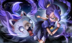  1girl absurdres animal_ears aporock15 black_eyes black_overalls braid cat_ears character_request doll_joints finger_to_mouth highres joints leaning_forward lily_lovebraids long_hair multicolored_hair multiple_braids overall_skirt overalls ponytail poppy_playtime purple_shirt shirt tongue tongue_out two-tone_hair very_long_hair 