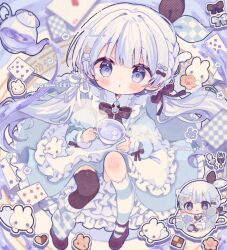  1girl :o ace_(playing_card) ace_of_diamonds apron asymmetrical_legwear blue_bow blue_dress blue_eyes blue_hair blunt_bangs blush bow bowtie brown_bow brown_bowtie brown_shoes brown_thighhighs card chibi chibi_inset closed_mouth commentary commission cup diamond_(shape) dress frilled_apron frilled_dress frills full_body hair_bow hair_intakes hair_ribbon highres holding holding_cup holding_spoon iriam kamizakana_iriko kneehighs long_hair long_sleeves looking_at_viewer low_twintails mismatched_legwear open_mouth playing_card rabbit ribbon seven_of_hearts shiroto_ao shoes single_kneehigh single_leg_warmer single_sock single_thighhigh six_of_diamonds skeb_commission socks spoon striped_clothes striped_socks teacup teapot thigh-highs twintails twitter_username two_of_spades uneven_legwear virtual_youtuber white_apron white_bow 