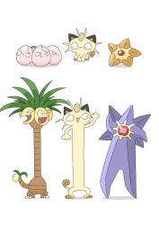  :3 alolan_exeggutor commentary_request dynamax evolutionary_line exeggcute extra_faces gigantamax gigantamax_meowth igwjgsarifbfo9u long_legs long_neck mega_pokemon mega_starmie meowth pokemon pokemon_(creature) simple_background starmie staryu trait_connection waving whiskers 