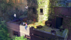  1girl animal balcony bird blue_pants box broken_window cargo_pallet commentary drum_(container) english_commentary flower_pot highres hood hoodie ladder leaf orange_hair original outdoors painterly pants pink_hoodie pink_shoes plant ruins scenery shoes sitting sunlight sylvain_sarrailh tree vines web_address window 