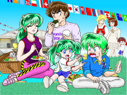  3girls 4boys azuki_moroboshi_(g.a.mroom) child family father_and_daughter g.a.mroom if_they_mated lum midriff moroboshi_ataru mother_and_daughter multiple_boys multiple_girls original standing ten_(urusei_yatsura) uncle_and_niece urusei_yatsura 