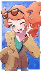  1girl aqua_shirt border brown_jacket collarbone commentary_request eyewear_on_head glasses gomadarerere green_eyes grey_pants hair_ornament heart heart_hair_ornament highres inward_v jacket long_hair looking_at_viewer one_eye_closed open_mouth outside_border pants pokemon pokemon_swsh ribbed_shirt shirt side_ponytail smile solo sonia_(pokemon) v wavy_hair white_border 