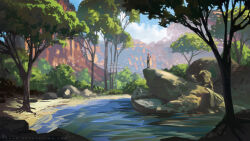  1girl boulder canyon commentary english_commentary flock from_side oasis original outdoors painterly pond rock scenery sunlight sylvain_sarrailh tree water web_address 
