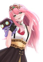 1girl aivy_lovencraft craftito esteban_(estebaneishon) fanart goggles goggles_on_head green_eyes highres indie_virtual_youtuber long_hair monocle pink_hair smile standing virtual_youtuber vtuber vtuberfanart white_background