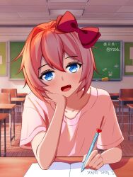  aqua_eyes blush bow ceiling chair chalkboard classroom collarbone commentary_request desk doki_doki_literature_club eyelashes fang hair_bow hair_intakes hand_on_own_face head_rest heart holding holding_pen indoors mitsuju_shok open_mouth pen pink_hair pink_shirt red_bow sayori_(doki_doki_literature_club) school_desk shirt short_hair short_sleeves smile tile_ceiling tiles twitter_username writing 