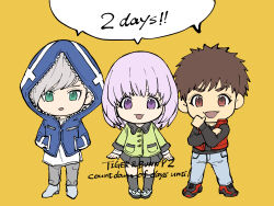  1girl 2boys black_shirt black_shoes blue_jacket brown_hair chibi chibi_only commentary_request copyright_name countdown_illustration english_text eyelashes fsz_tb full_body green_jacket grey_pants grey_skirt grey_socks hand_on_own_arm hands_in_pockets highres hood hood_up hooded_jacket jacket lara_tchaikoskaya long_sleeves medium_hair multiple_boys open_clothes open_mouth open_vest pants purple_hair red_eyes red_vest sengoku_subaru shared_speech_bubble shirt shoes short_hair simple_background skirt smile socks speech_bubble standing thomas_taurus tiger_&amp;_bunny vest violet_eyes white_shirt white_shoes yellow_background 