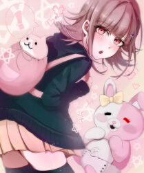  1girl :o absurdres animal_bag backpack bag bb_14ha black_thighhighs bow brown_hair brown_skirt cat_bag commentary_request danganronpa_(series) danganronpa_2:_goodbye_despair diaper ear_bow flipped_hair hair_ornament heart heterochromia highres jacket medium_hair miniskirt monomi_(danganronpa) nanami_chiaki pink_bag pink_eyes skirt thigh-highs zettai_ryouiki 
