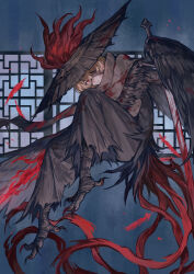  1boy absurdres animal_legs bandage_on_face bandage_over_one_eye bandages bird_legs blood blood_on_clothes brown_cloak brown_hat brown_robe brown_scarf cloak feather_tail feathered_cloak feathers full_body hat heishou_pack-you_branch_(identity)_(project_moon) highres holding holding_sword holding_weapon limbus_company looking_at_viewer male_focus monster_boy project_moon red_eyes red_feathers rice_hat robe rooster_tail scarf sinclair_(project_moon) sword tail talons weapon yingu494 